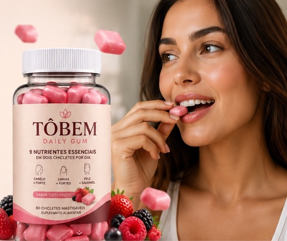 Frasco TÔBEM Daily Gum com chicletes rosa e mulher mastigando