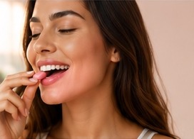 Mulher sorrindo enquanto mastiga TÔBEM
